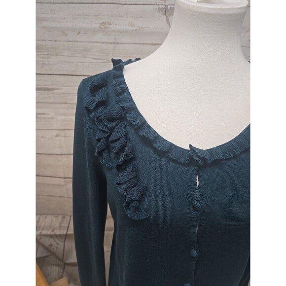Talbots Women’s Medium Cardigan Sweater Silk Cotton Green Ruffles Long Sleeves - Picture 2 of 8